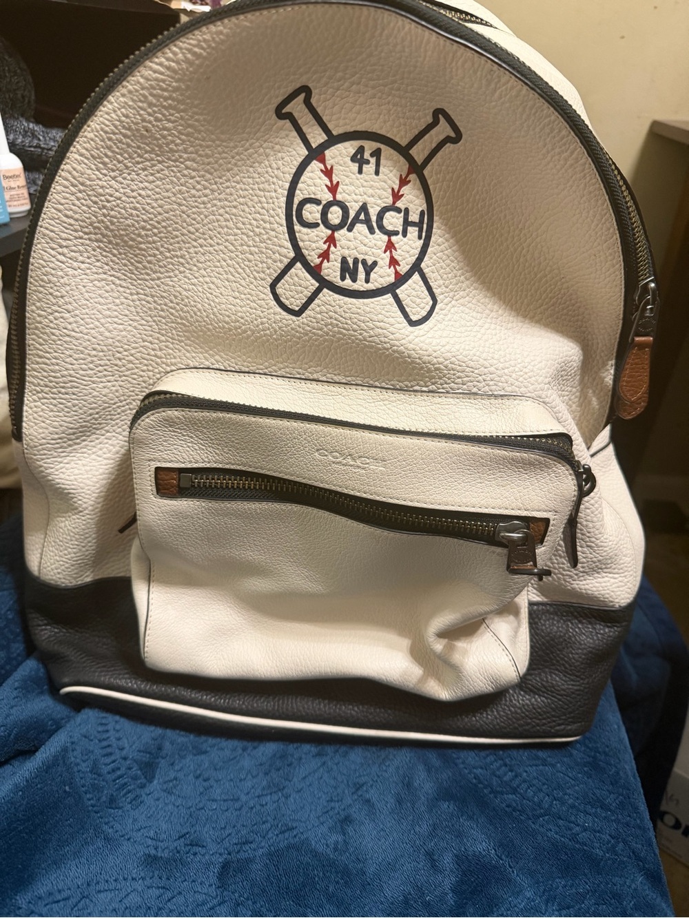 Coach White and Black Leather Backpack with Baseball Graphic